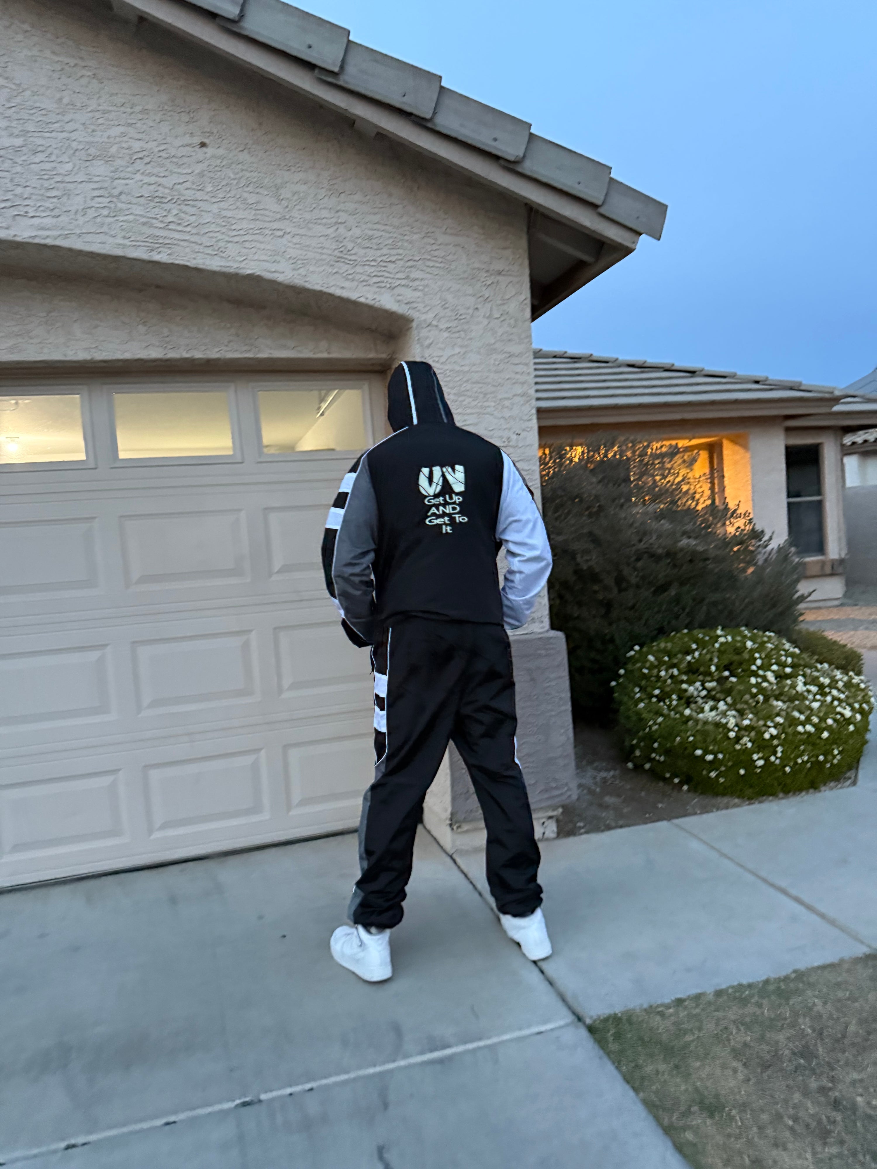 Black “ Get Up And Get To It” Windbreaker set 🖤✒️